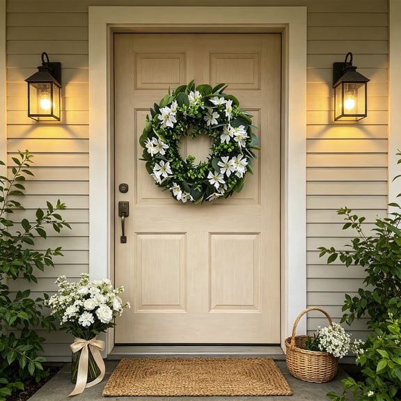 Bcylexb Artificial Flower Wreaths for Front Door, 15.7" Summer Realistic Floral Wreaths Greenery Door Wreath for Outdoor Porch Wall Window Decor