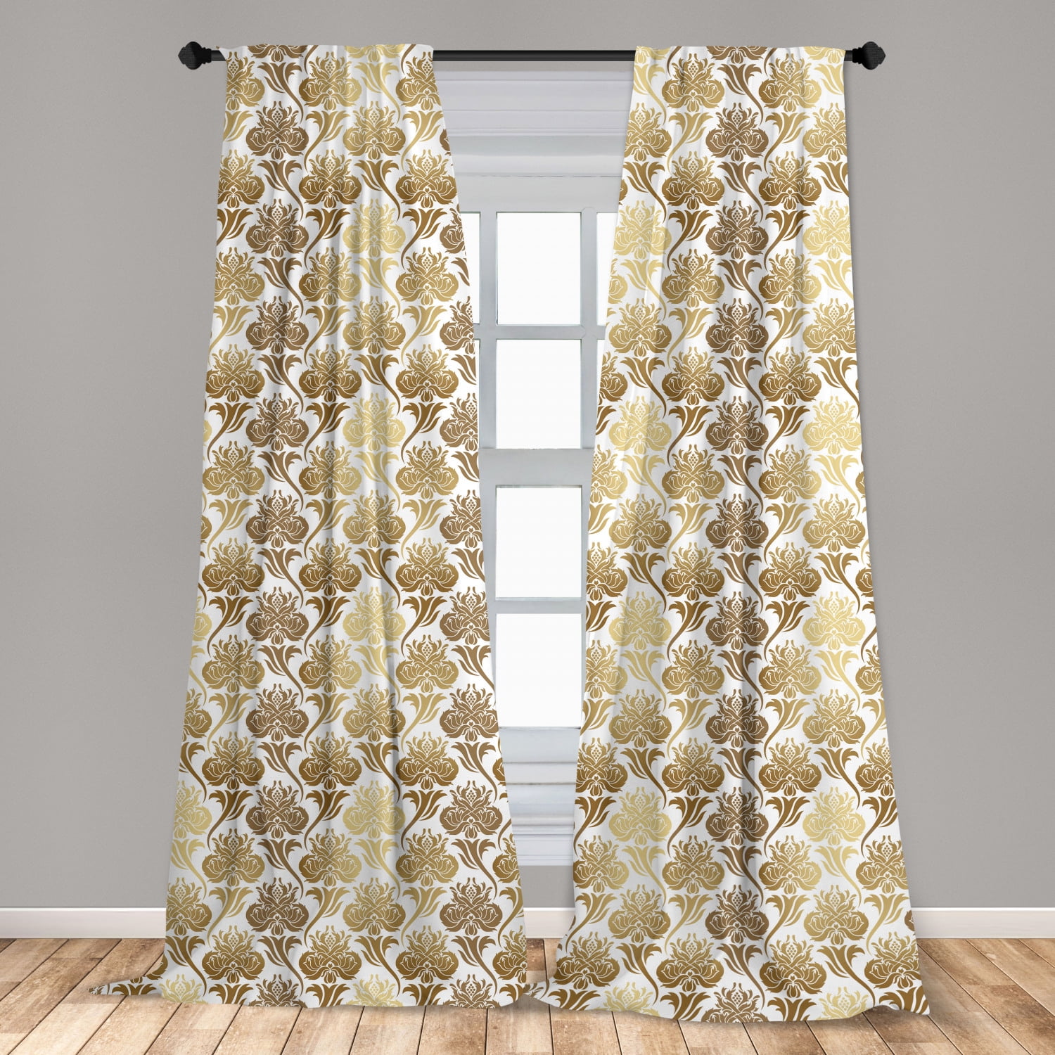 Damask Curtains 2 Panels Set, Ombre Abstract Image with Floral East Inspired Details Print