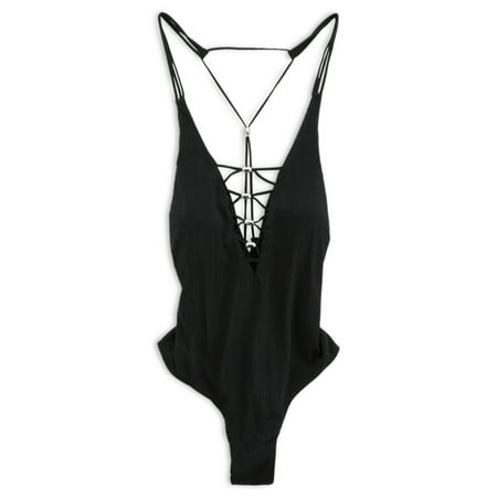 YMI Ribbed One Piece Low Back Criss-Cross Lace Up Swim Suit