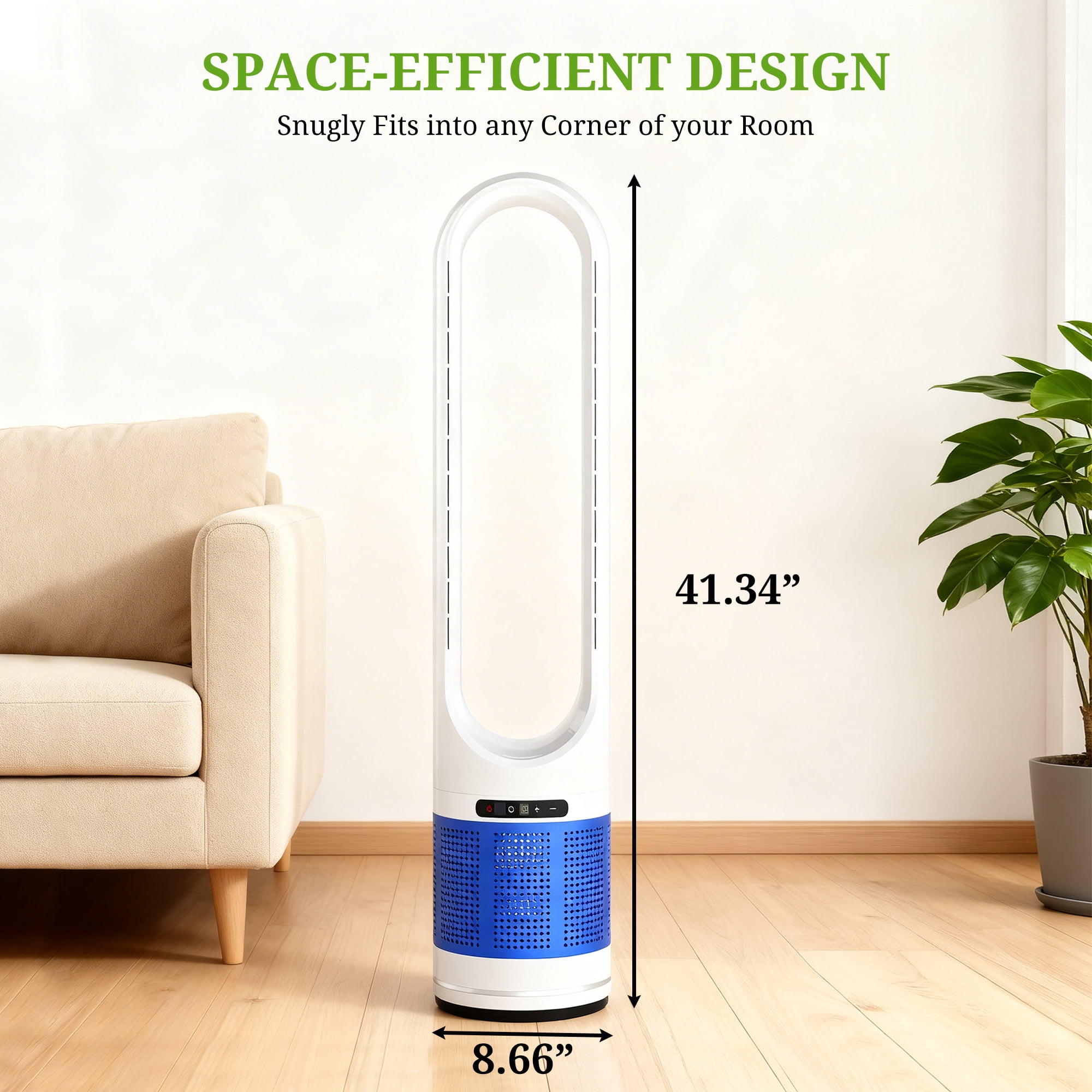Simenmax 41'' Bladeless Tower Fan, 80° Oscillating Quiet Cooling Fan, 8 Speeds & 8H Timer, Remote Control with LED Display for Home Office Living Room,Blue