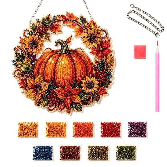 OADUKQ Pumpkin Diamond Art Hanging Decor Kit, Diy Wreath with Acrylic, Fall Thanksgiving Wall or Door Decoration