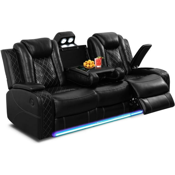 Black Breathing Leather Living Room Sectional Recliner Sofa Reclining Sectional Sofa 3-Seater Loveseat Couch with Reversible Coffee Table, Wireless Chargers, USB Port