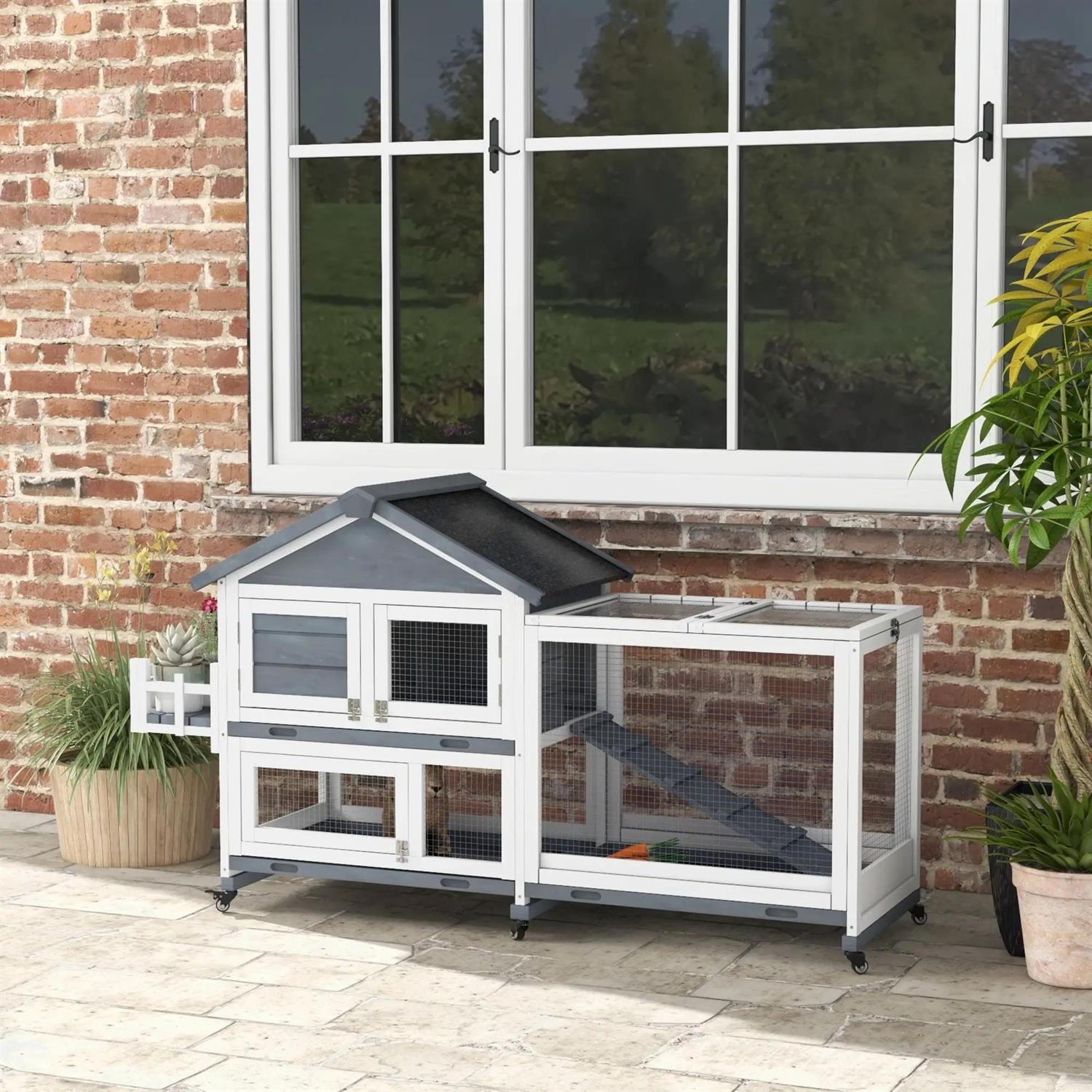 Pefilos 65" Outdoor Wooden Rabbit Hutch with Run, Trays and Openable Roof, Outdoor Bunny Enclosure Guinea Pig Cage for Small Animals, Gray