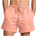 thumbnail image 2 of YgkuHd Men's Cotton Linen Shorts Summer Casual Drawstring Elastic Waist Multi-Pocket Solid Color Beach Vacation Shorts,03-Pink_M, 2 of 7
