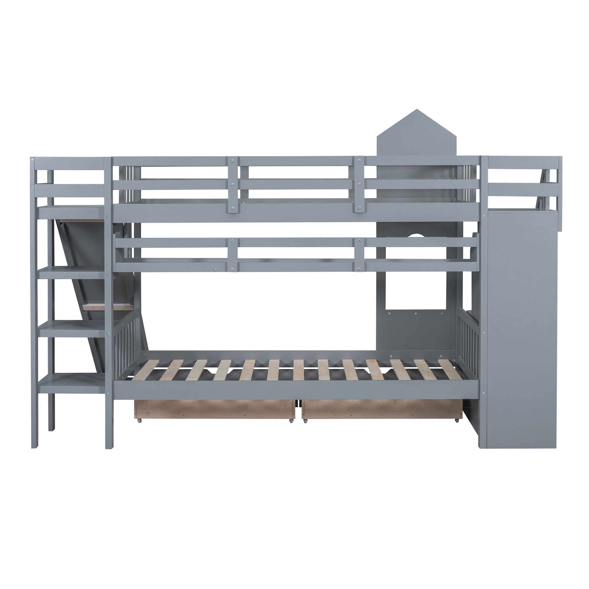 Twin over Twin Castle Style Bunk Bed with Slide and 2 Drawers, Solid Wood Princess Bed House Bunk Bed with Storage Shelves, Storage Staircase and Ladder