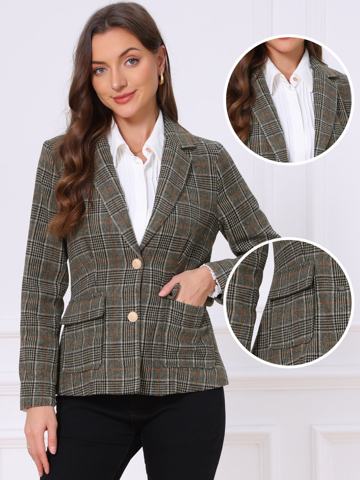 DARING DIVA Women's Collared Plaid Blazer Jacket Office Blazer XS Coffee Plaid