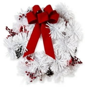 Holiday Time Pinecone and Red Ornaments Christmas Wreath with Red Bow, 28 Inch