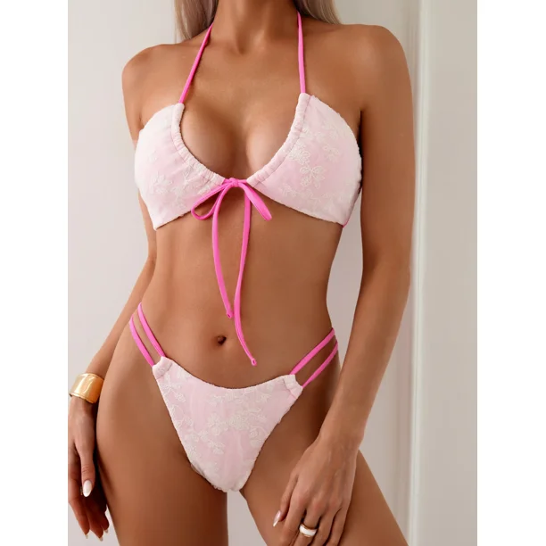 Conjunto de Bikini rosa con contraste para mujer, traje de baño Sexy con lazo frontal de encaje de ganchillo y flores, Micro bañador con Push-Up, traje de baño de playa con Tanga 2024
