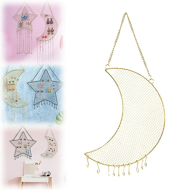 Jewelry Holder Verdsylv Star and Moon Jewelry Holder, Metal Grid Wall Hanging Storage Organizer Rack for Earrings and Girls Jewelry, Metal Grid Organizer, D