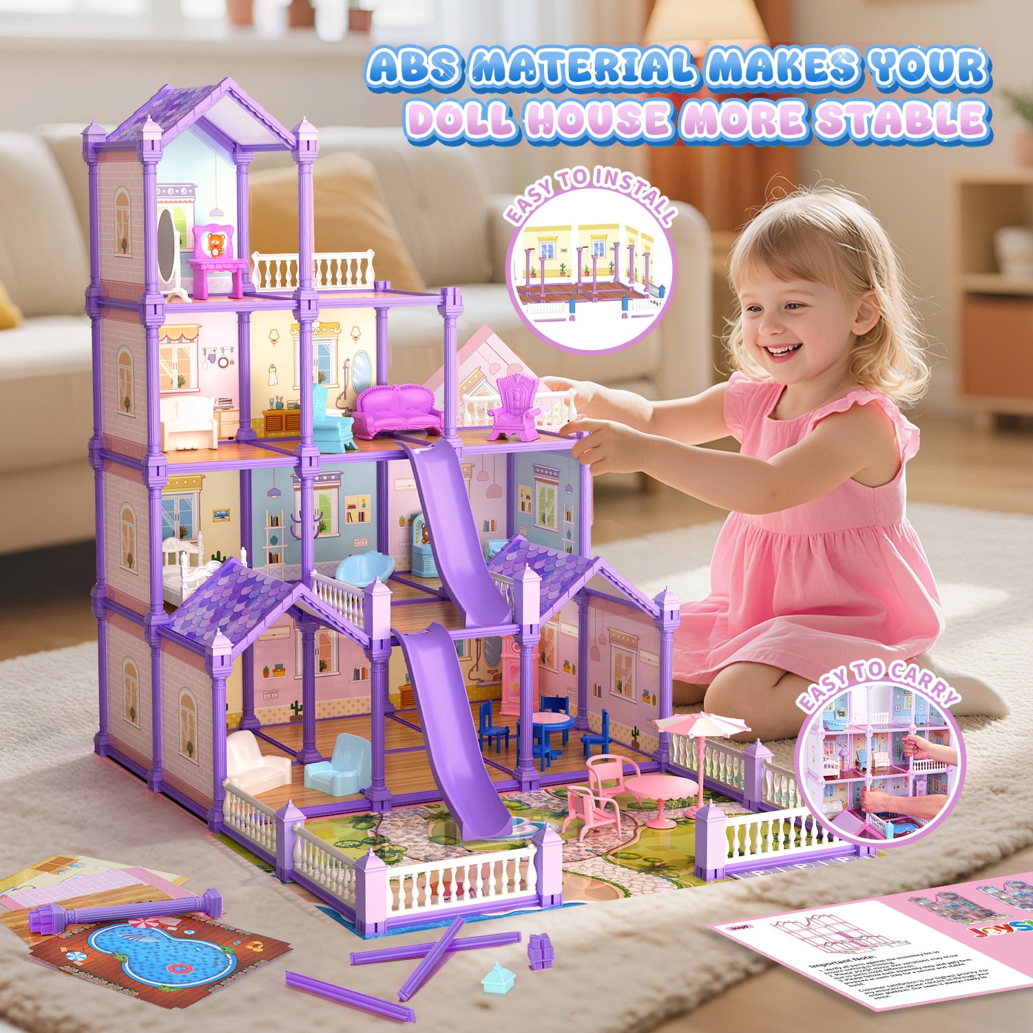 JoyStone Play Dollhouse with Doll Toy Figures, 14 Rooms Furniture and Colorful Lights, Creative Doll House Gift for Girls Ages 3+, Assemble Required, Purple