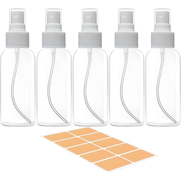 5 Pack 3. 4 oz Travel Spray Bottles TSA Approved Fine Mist Travel Size Spray Bottle Liquids Refillable Empty Clear Plastic Bottles with Labels