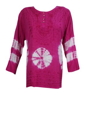Mogul Womens Fashionable Top Tie-Dye-Embroidered Pink Rayon Blouse