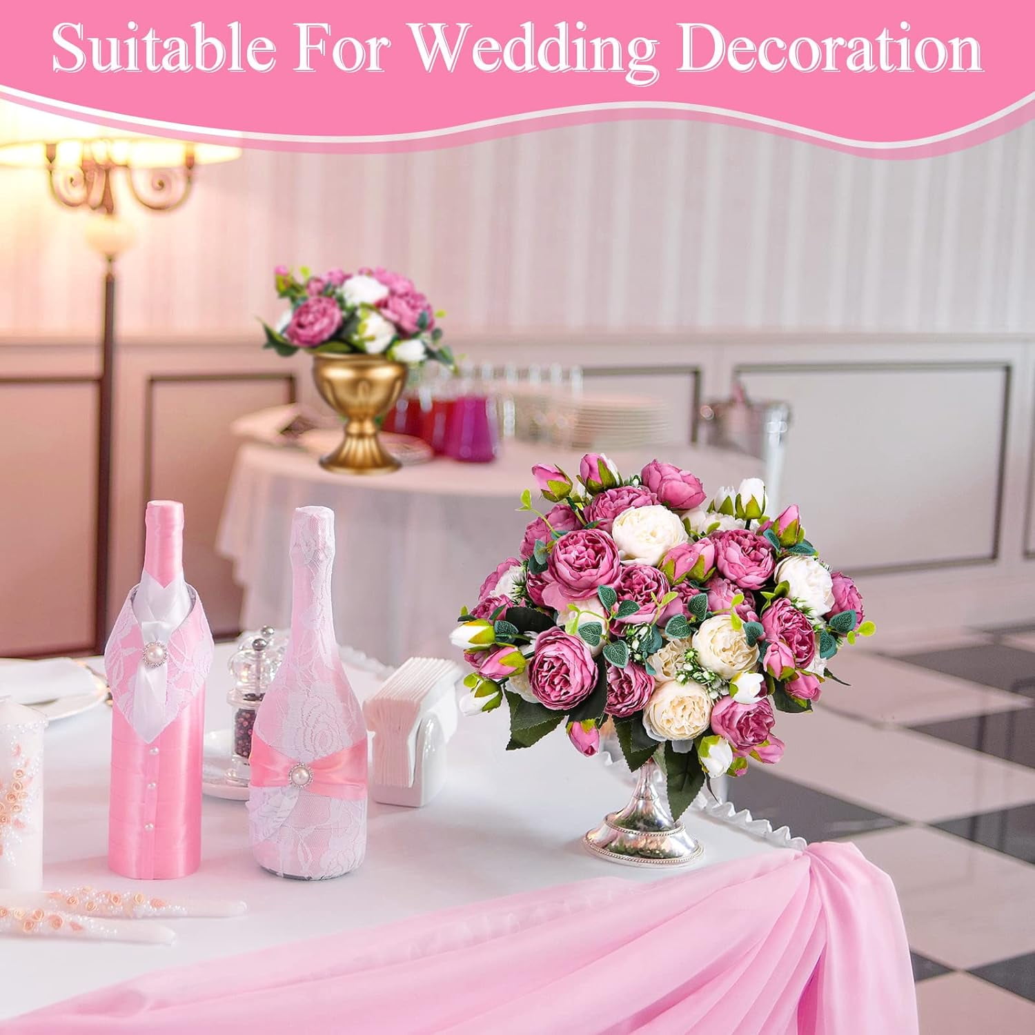 24 Bundles Artificial Peonies Flowers Wedding Faux Flowers Silk Peony Bouquet Bulk Bride Fake Florals Arrangements for Table Centerpieces Wedding ​Party Vase Decor (Light Pink)