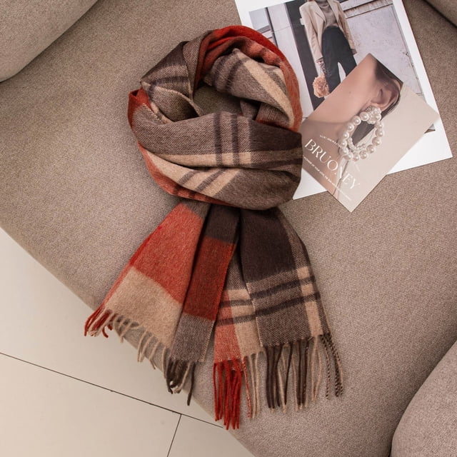 Zhuge Bufanda de lana para mujer, bufandas a cuadros de invierno, manta para mujer, borlas, cálidas, suaves, grandes, largas, estilo A, cuadrícula de café rojo