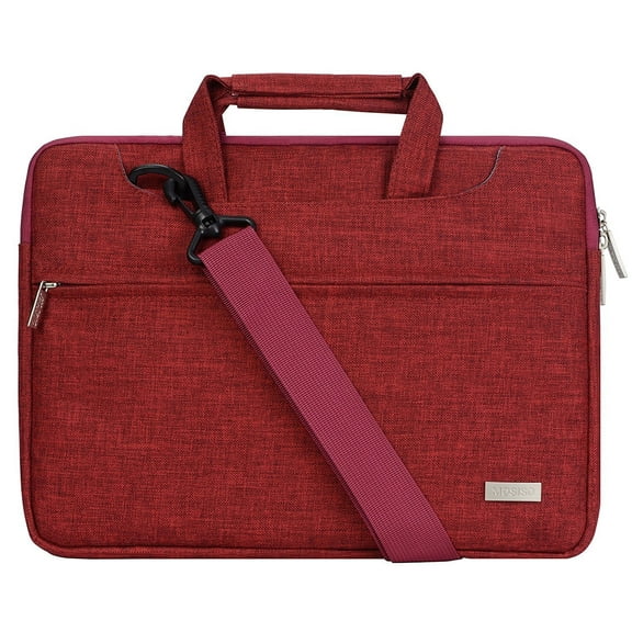 Polyester Laptop Shoulder Bag for 15-15.6 Inch 2017/2016 MacBook Pro with Touch Bar A1707, MacBook Pro, Notebook, Compatible with 14 Inch Ultrabook with Back Belt for Trolly Case, Wine Red