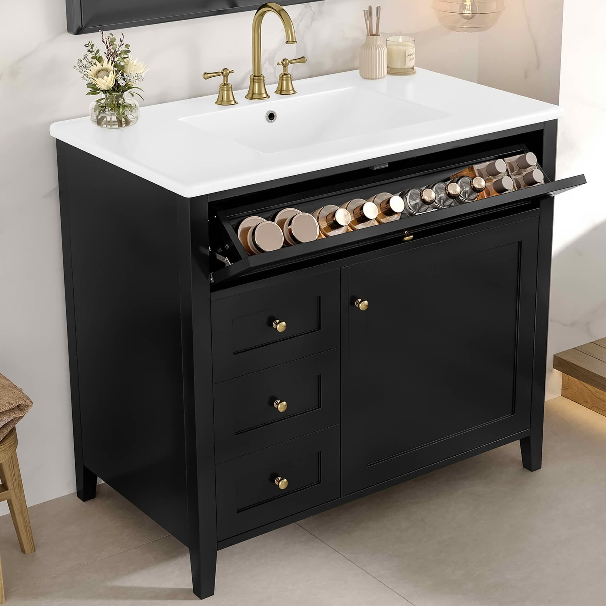MAYEERTY 24" Bathroom Vanity with Sink Solid Wood MDF 1 Flip Drawer 2 Drawers Adjustable Shelf Black
