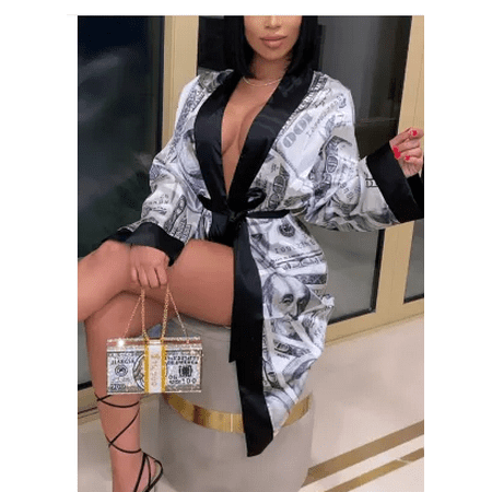 

Kiapeise Women s Satin Robe Trendy Dollar Print Long Sleeve Silky Kimono Bathrobe Sleepwear with Belt