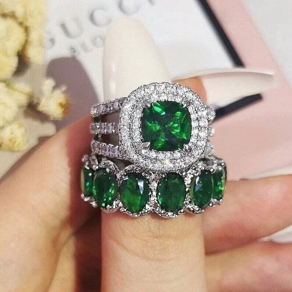 4Ct Cushion Cut Simulated Green Emerald Women's Wedding Bridal Ring Set 14K White Gold Plated