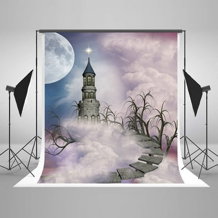 Image of GreenDecor 5x7ft Walk on Stone Road to the Castle on Purple Cloud Hanging on the Wall Bedroom Lightging Star Moon Magic Children Newborn Boy Girl Studio Backdrop Photography Background