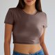 thumbnail image 2 of Mujeres Manga Corta Tops Casual Nuevo Cuello Redondo Imitación Cuero de Manga Corta Top, 95% Poliéster 5% Camiseta de Spandex, Lavado a Mano Hogar Desgaste, 2 of 8