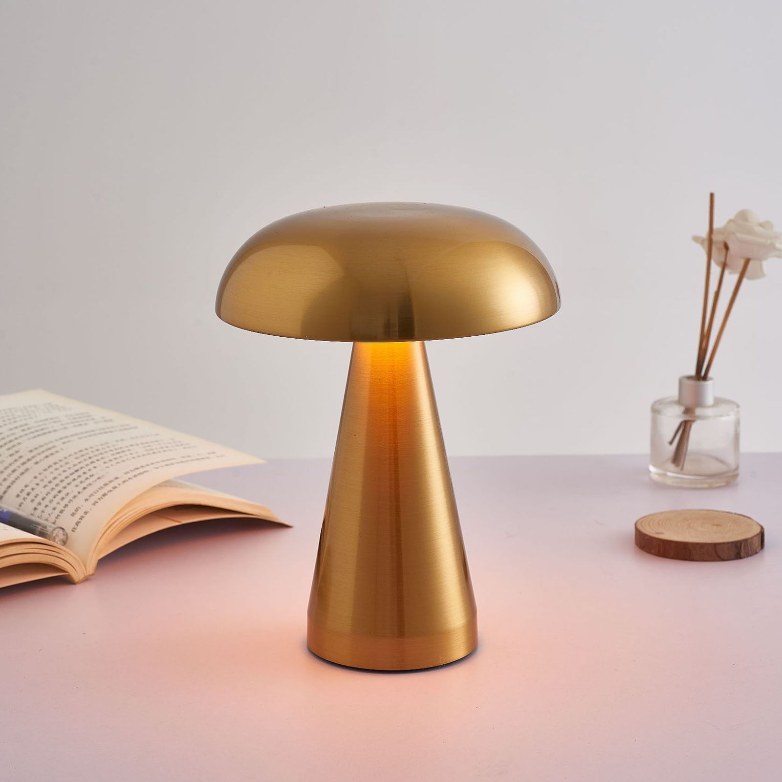 Yrmaups LED Table Lamp, USB Charging Night Light with 3-Level Stepless Dimming, Eye-Caring Mushroom Lamp for Bedside Desk and Hotel Bar, Metal Desk Lamp for Living Room Bedroom Office Decor