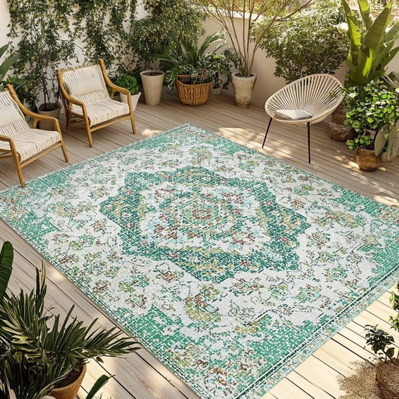 Turquoise Boho Outdoor Rug 5x7 Ft - Reversible Patio Rug Outdoor Camping Rugs, Vintage Abstract Art Floral Ethnic Tribe Indoor Outdoor Area Rugs, Non-Slip Outdoor Carpet Runner for Deck/Porch