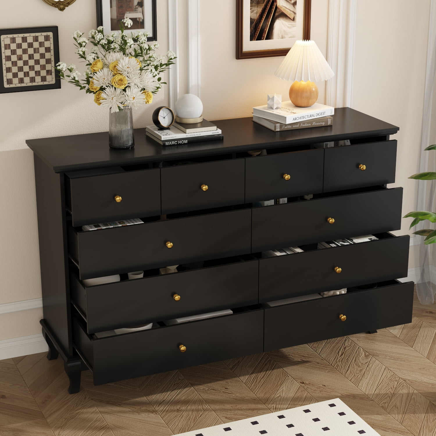 KULAGAGA  Dresser with 10 Drawers, Wood Storage Chest of Drawers for Bedroom Living Room Hallway, Black