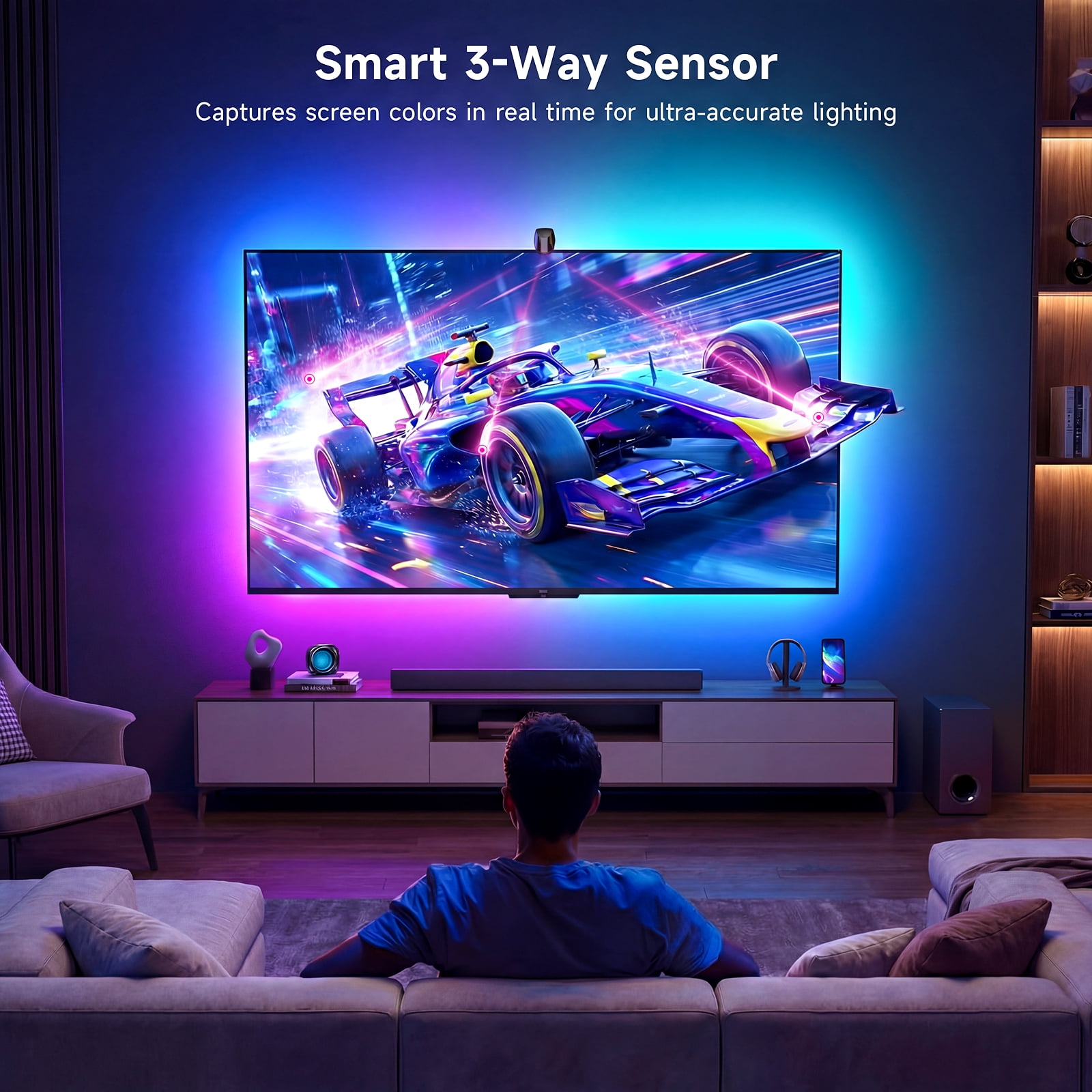 AYEDLOE TV LED Backlight with Screen Sync 3-way Sensor, 14.76Ft Cuttable RGB SLED Strip for 55-65 inch, App Control, Color Changing Lights that Sync with TV for Gaming, Music, Movies, Gifts