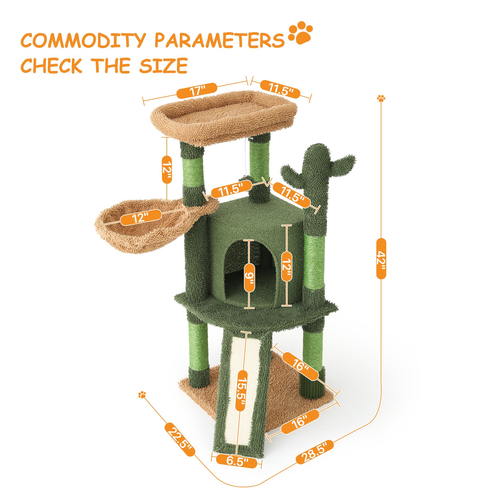 OSM 42-inch Cactus Cat Tree for Indoor Cats, Multi-Level Tower with Condo, Scratching Post, Ramp, Perch, Basket & Toys, Compact Climber for Kittens & Small Cats, Green