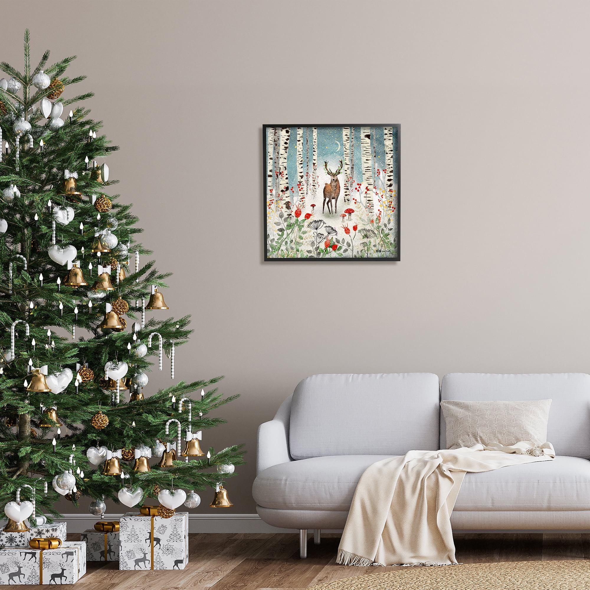 Stupell Industries Deer In Nighttime Birch Forest Holiday Painting Black Framed Art Print Wall Art