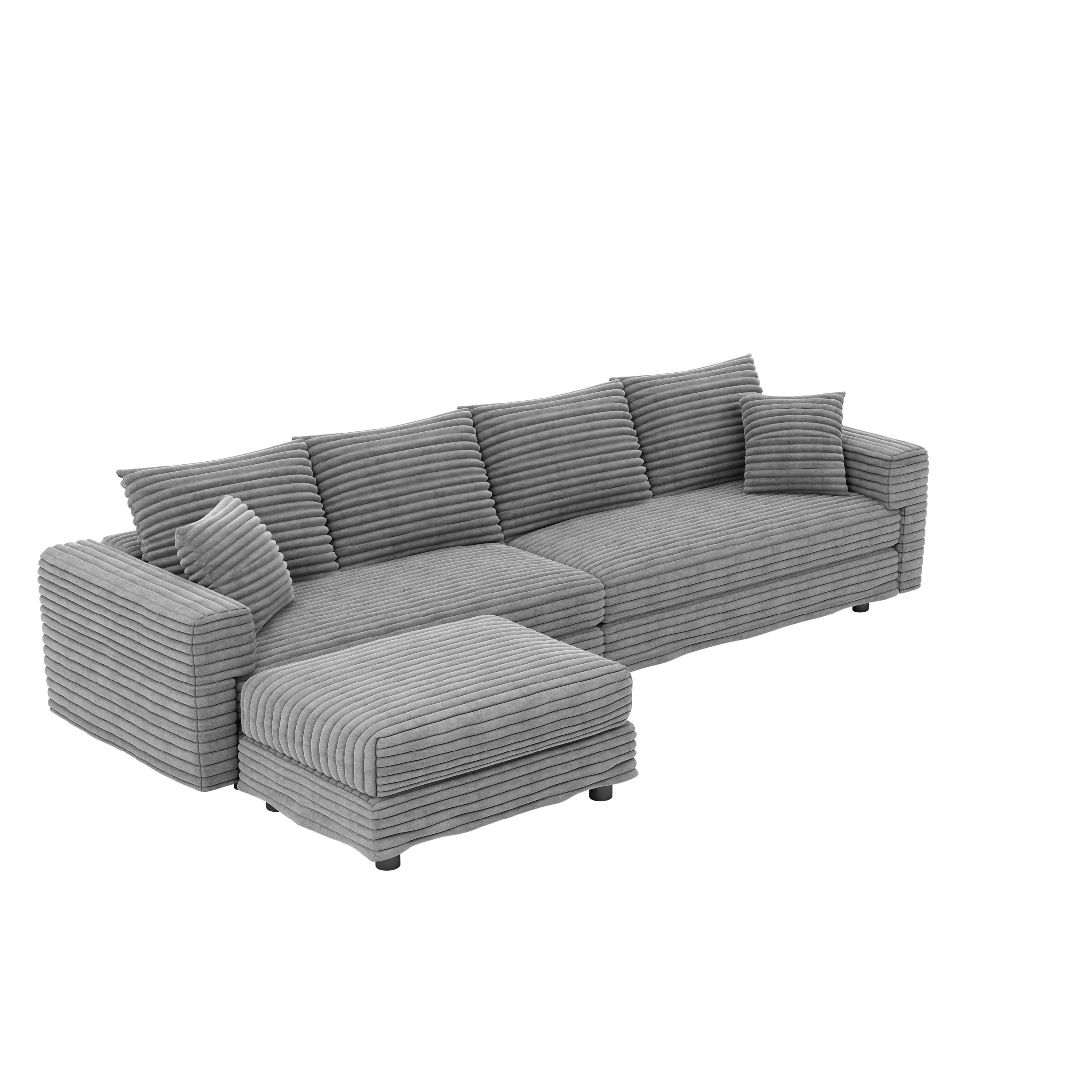Noble House Nesta 4-Seat Plush Corduroy Cloud Sofa, Convertible Deep Seat Lounge Couch with Ottoman & Soft Pillows, Grey