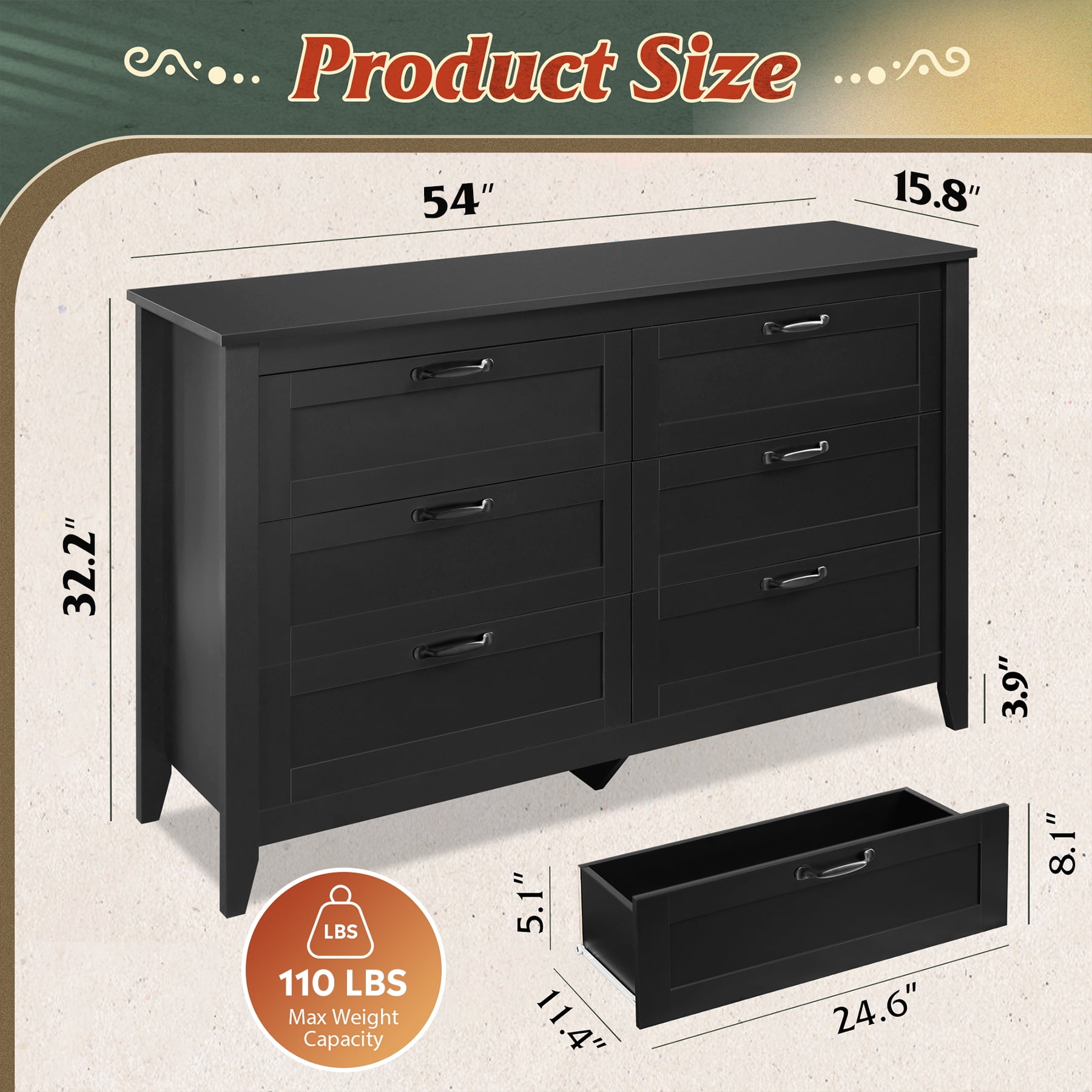 GALAXHERO 6-Drawer Double Wood Dresser - Farmhouse Chest of Drawers with Metal Handles for Bedroom, Living Room, Entryway, Black