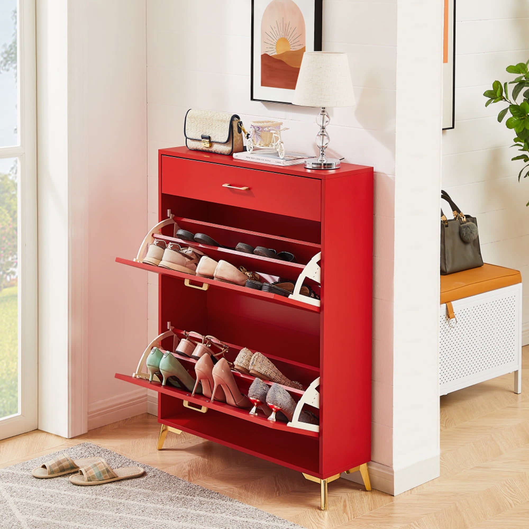 Kadyn 43.00"H Shoe Cabinet, Freestanding Shoe Rack Storage Organizer with Drawer, Entryway Shoe Storage Organizer, Red Kadyn 43.00"H Shoe Cabinet, Freestanding Shoe Rack Storage Organizer with Drawer, Entryway Shoe Storage Organizer, Red