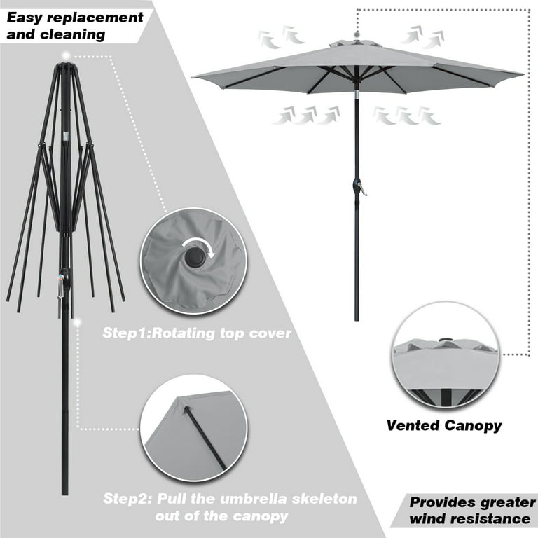 Lacoo 9' Grey Patio Umbrella Outdoor Market Table Umbrella with Push Button  Tilt, 8 Sturdy Ribs