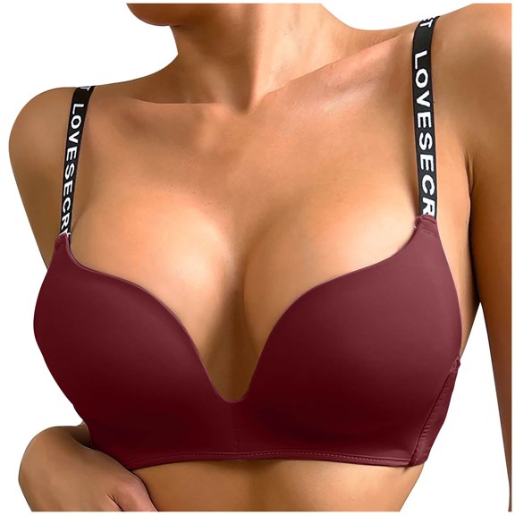 FAVIPT Push Up Bra for Women 2023 Full Figure Beauty Back Smoothing Bra Letter Print Strap Wireless Bra Lightweight Solid Color Back Underwear