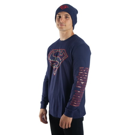 Dc Comics Superman Men's logo long sleeve navy tee and beanie 2-piece (Best New Dc Comics)