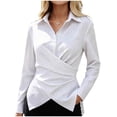 thumbnail image 2 of ClodeEU Women Collared Long Sleeve Wrap Cross Waist Slim Blouse,Casual Office Blouse White,Women's Plus M, 2 of 8