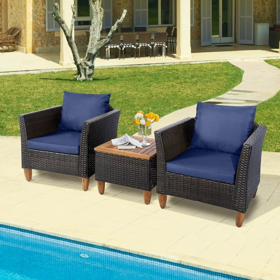Costway 3PCS Patio Wicker Rattan Sofa Set Furniture Outdoor Acacia Wood Conversation   Navy
