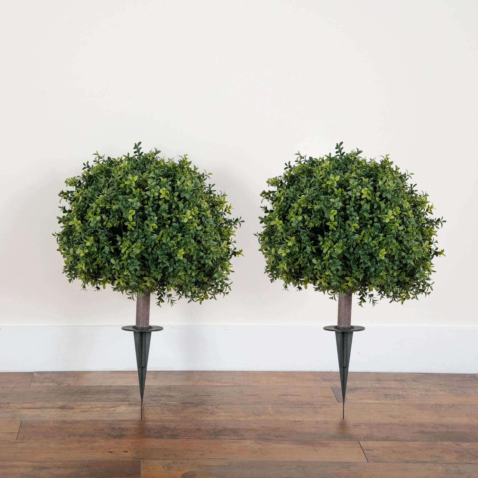 27in. UV Resistant Artificial Boxwood Topiary with Integrated Ground Stake (Indoor/Outdoor) - Set of 2