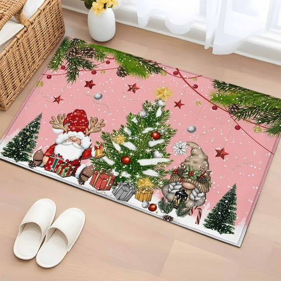 Pink Christmas Bathroom Rug Washable 2x3 Entryway Rug Non Slip Gnomes Xmas Tree Snowflake Winter Gifts Front Door Mat Low Pile Indoor Doormat Throw Floor Carpet for Kitchen Bedroom Entrance