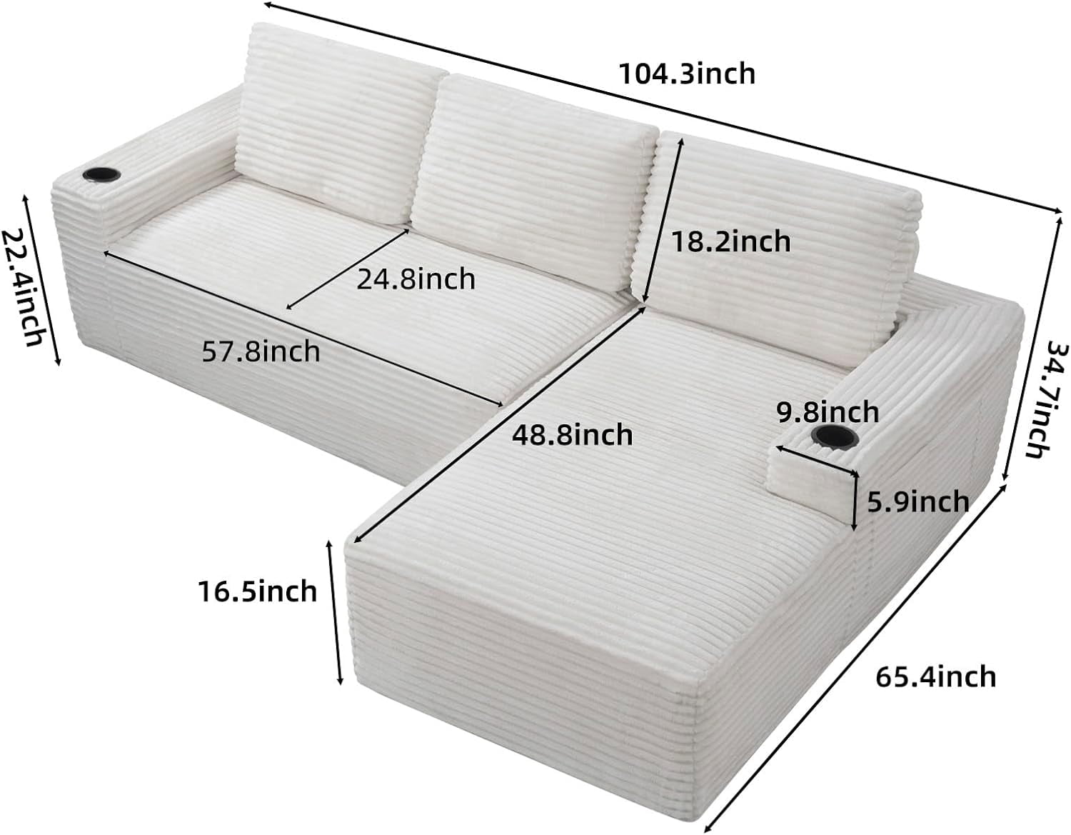 104" Cloud Modular Sectional Sofa, Corduroy Boneless L-Shape Chaise Couch with Deep Seat for Living Room Bedroom, No Assembly Required