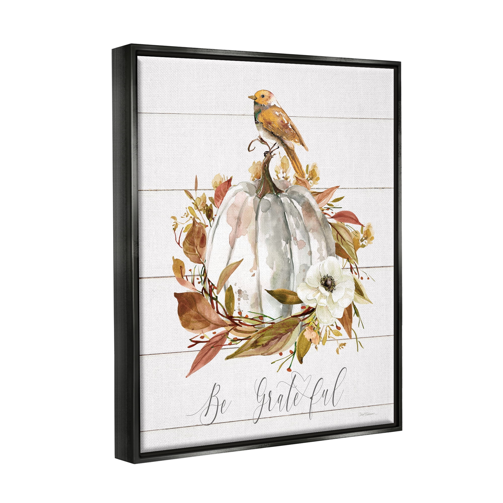 Stupell Industries Be Grateful Fall Pumpkin Botanical & Floral Painting Black Floater Framed Canvas Art Print Wall Art, 17 x 21