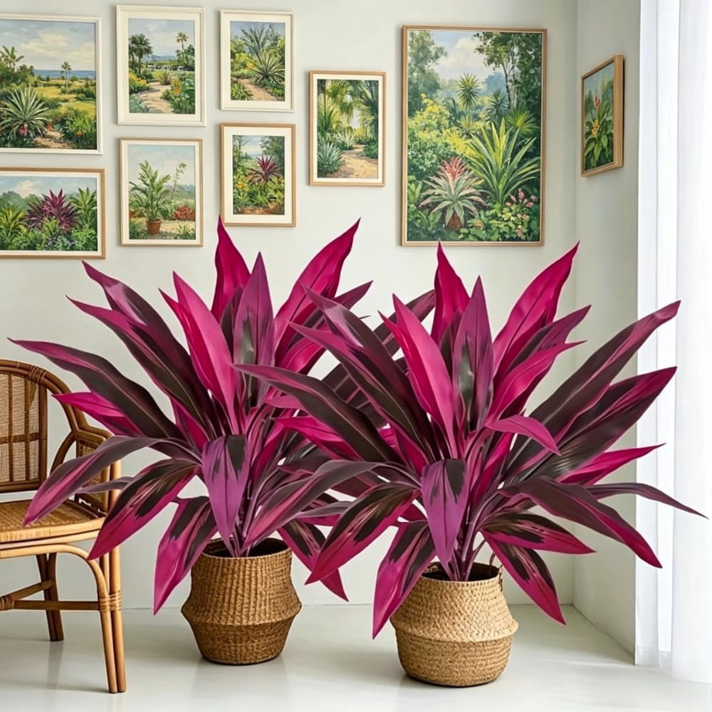 Realistic Artificial Boston Fern & Dragon’s Blood Tree Plants, Large Purple Tropical Rainforest Theme Fake Ferns with Vibrant Purple Foliage Brings Color to Patio＆ Garden Effortlessly (2 PCS)
