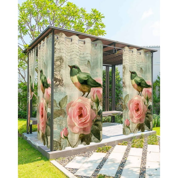 nqOlkjepod Outdoor Curtains for Patio Waterproof, Vintage Pink Floral Outdoor Privacy Panels Grommet, Birds Retro Mottled Middle Century Blackout Outside Curtains for Porch/Cabana 54"x108", 1 Panel