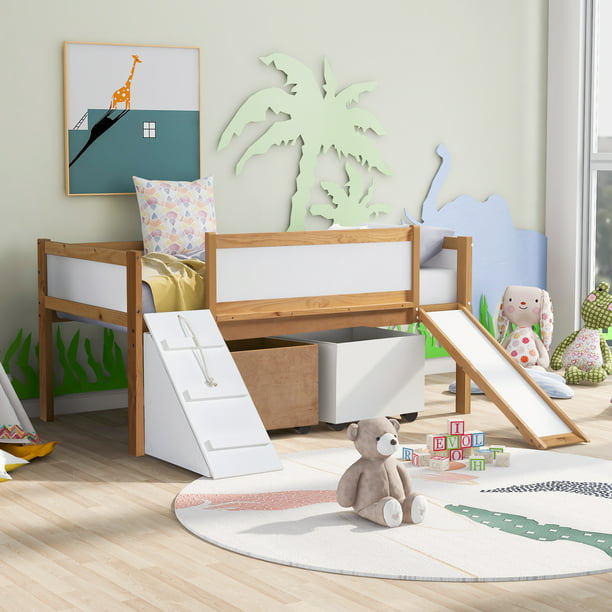 Twin Modern Loft Bed For Kids Wooden, Toddler Low Loft Bed With Storage