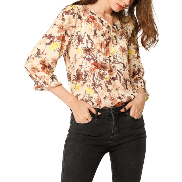 INSPIRE CHIC Blouse Bohème pour Femme à Imprimé Floral, Col à Nouer, Manches 3/4, Hauts Décontractés, TG Beige