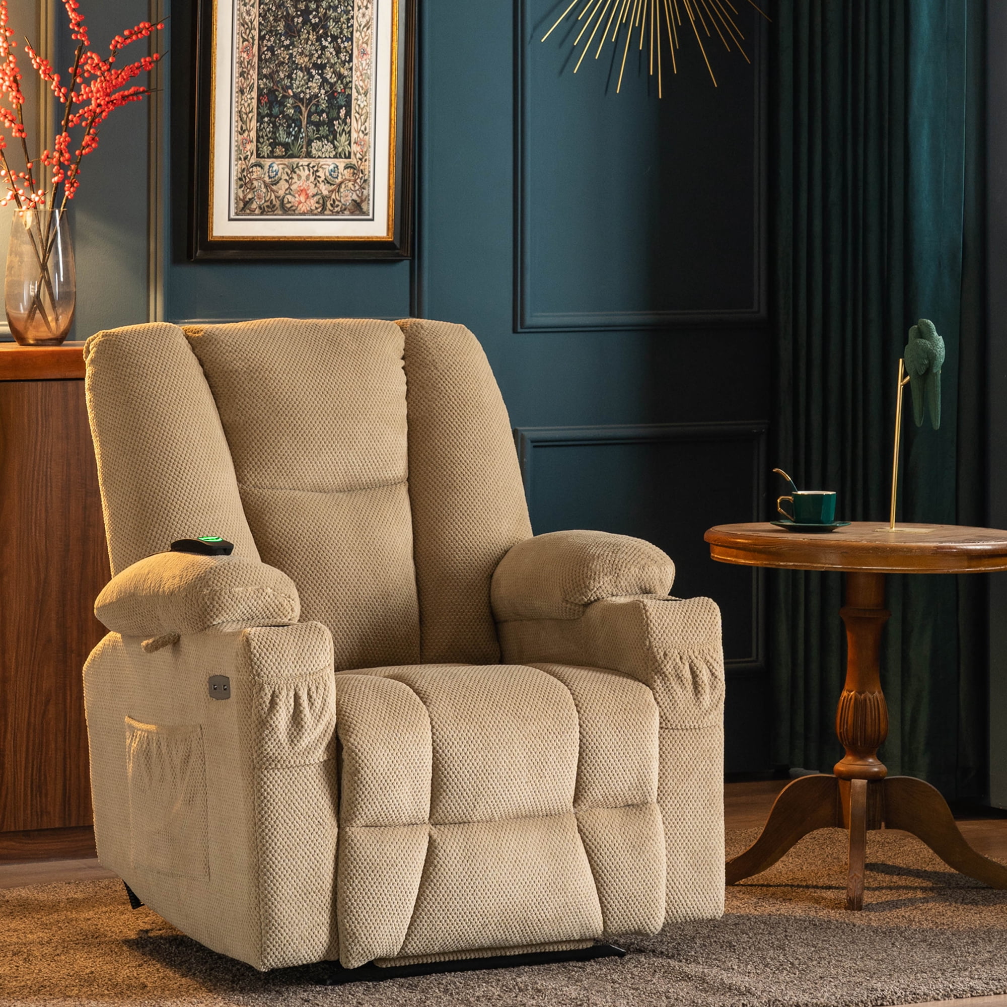 MCombo Electric Power Recliner Chair with Massage & Heat, Extended Footrest, USB Ports, 2 Side & Front Pockets, Cup Holders, Beige Plush Fabric 8015