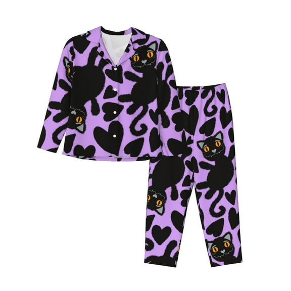 Pajamas for Women Set - Cartoon Black Cats Comfy Long Sleeve Button Up Pajama Sets for Women 2 Piece, Soft Sleepwear Nightwear Pjs Lounge Sets for Women with Pockets