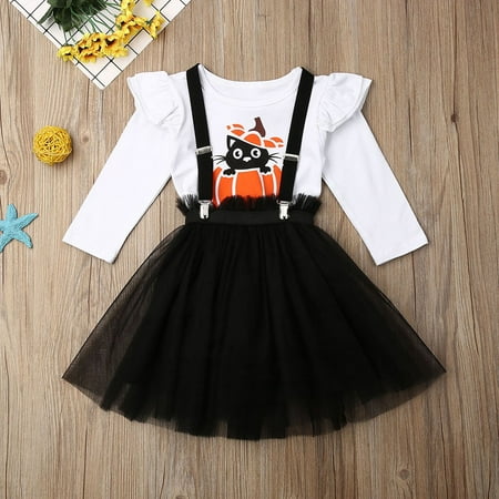 

Leutsin Halloween Kids Girls Long Sleeve Print T-shirts+Straps Tulle Skirt Set