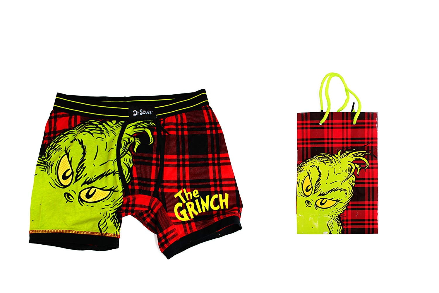 Dr. Seuss Underwear Mens Underwear Red Small "The Grinch" Plaid Boxer